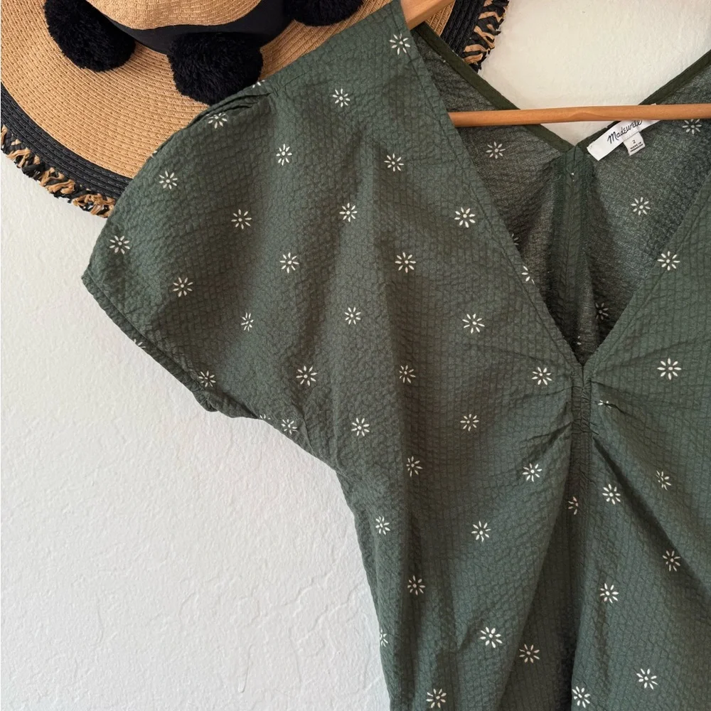 Madewell Forest Green Floral Voile Puff Sleeve Top Size 2